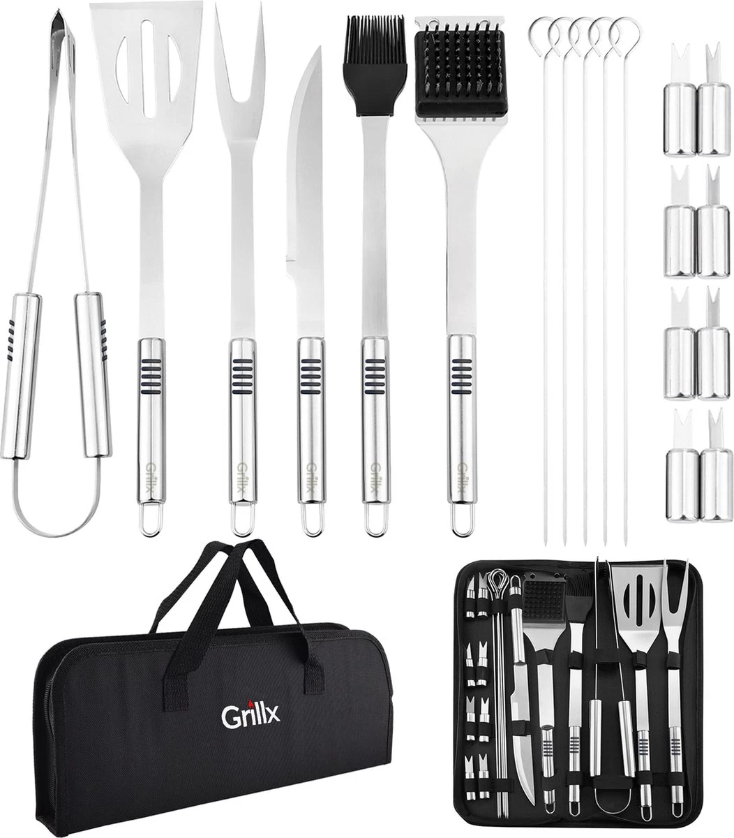 GrillX Barbecue Gereedschap Set - 19-delig - Inclusief Luxe Draagtas - BBQ Accesoires - Gereedschapset