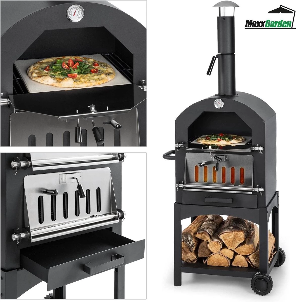 MaxxGarden Pizza Oven - Smoker Barbecue Op Hout, Houtskool Of Pellets - 45 X 65 X 158cm - Afbeelding 7