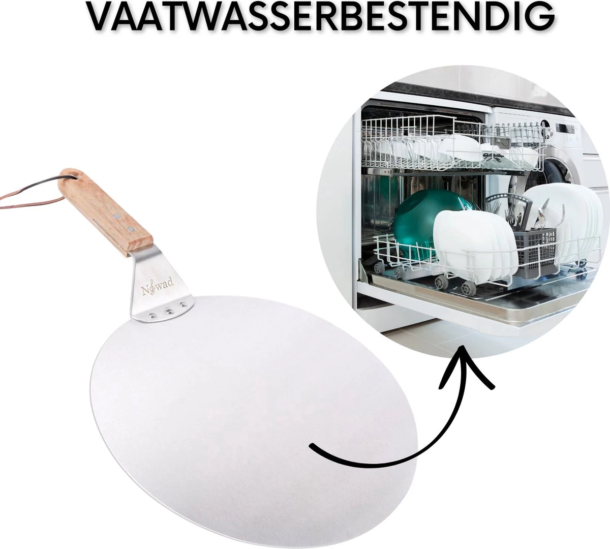 Nowad Pizzaschep RVS Rond Voor BBQ En Oven - 30,5 Cm - Pizzaspatel - Taartschep - Houten Handvat - Ophangbaar - Rond - Vaatwasbestendig - Keukenaccessoires - Afbeelding 4