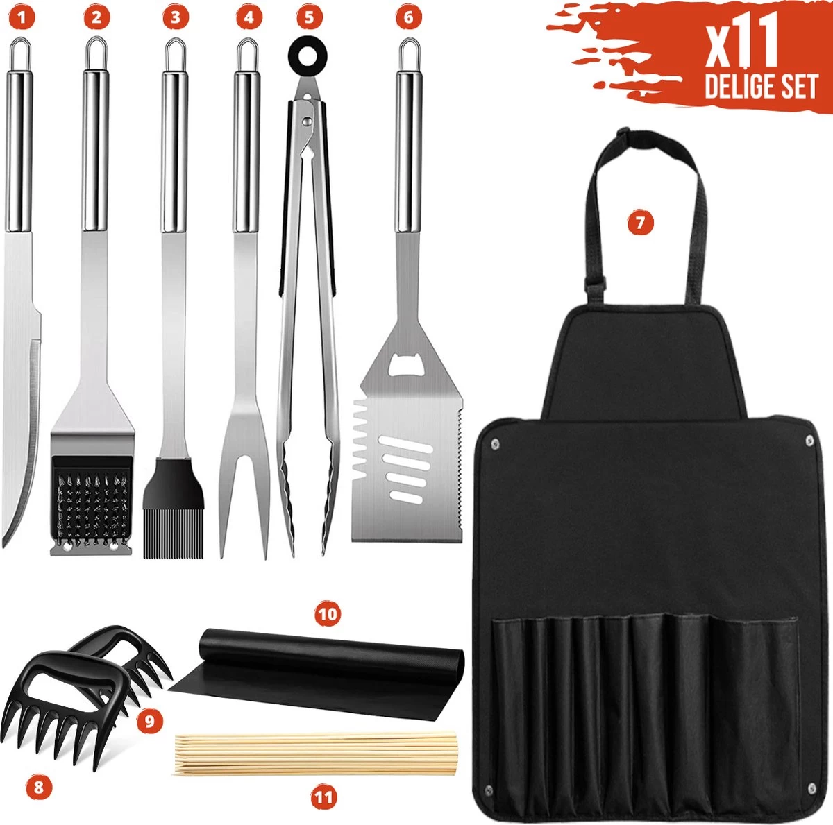 Squago BBQ Accesoires XXL Set Met Schort - Gereedschap - Gereedschapset Tang Borstel Mat - Afbeelding 5
