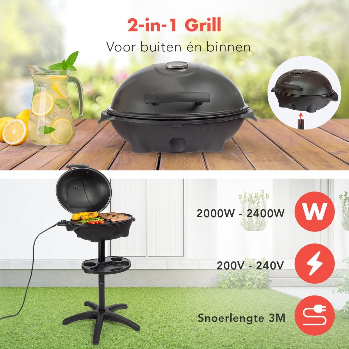 KitchenBrothers Elektrische BBQ - Met Grillplaat - Anti-aanbaklaag - Incl. Plank/Houders - Grilloppervlak 46,5x33,8cm - Tot 300°C - 2400W - Zwart - Afbeelding 6