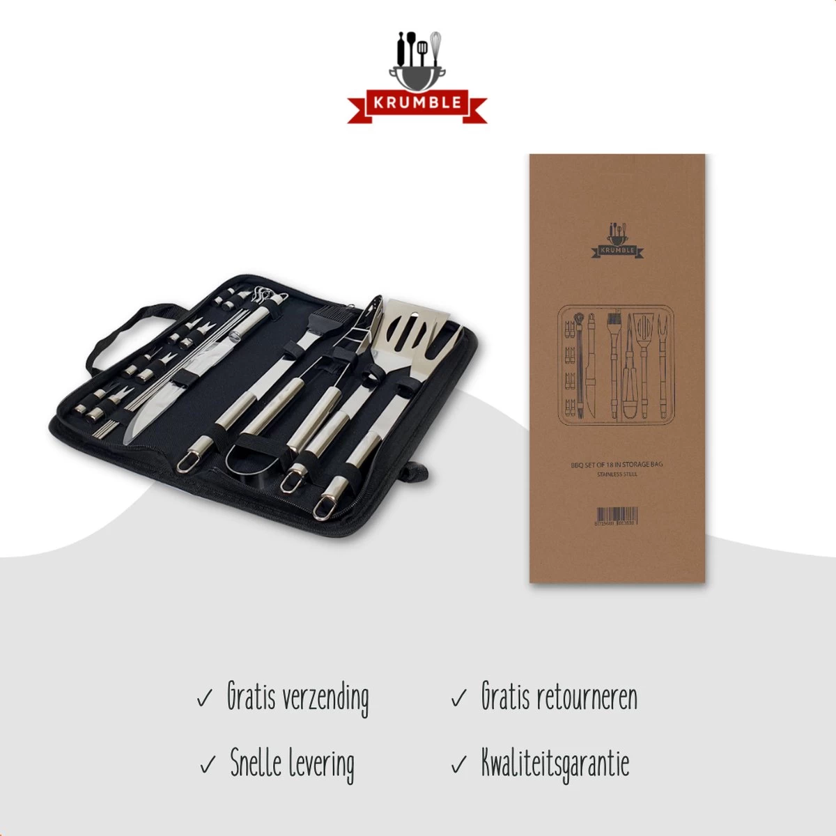 Krumble 18-delige Barbecue Set / Roestvrijstalen BBQ Set Van 18 / Inclusief Handige Opbergtas - RVS - Afbeelding 6