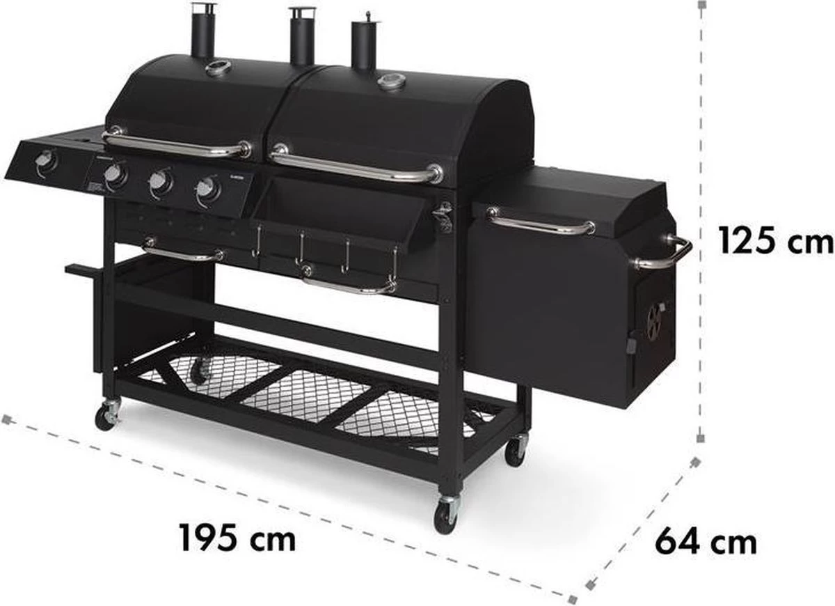 Klarstein Kingsville Double Barbecue - Houtskool- En Gasbarbecue - Smoker BBQ - Inclusief Deksels En Thermometer - Met 2 Roosters - Zwart