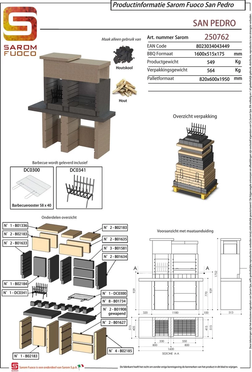 Sarom Fuoco - Betonnen Barbecue - San Pedro - Houtskool En Hout - 160 X 51.5 X 172,2 Cm - Afbeelding 3
