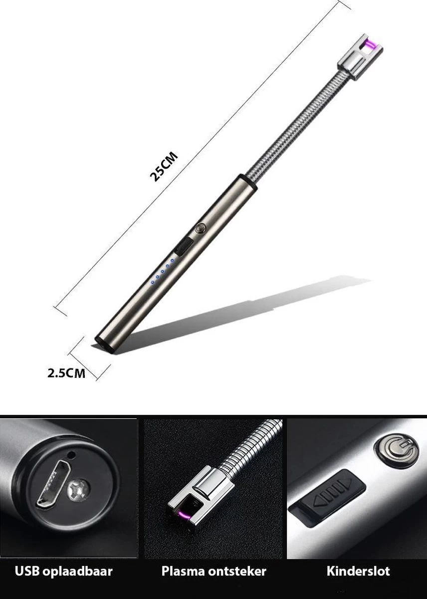 Oplaadbare Lange Elektrische Aansteker Buigbaar - Buigbare Aansteker - Duurzame Plasma Aansteker - Inclusief Cadeauverpakking - BBQ – Kaarsen – Zilver - Afbeelding 3